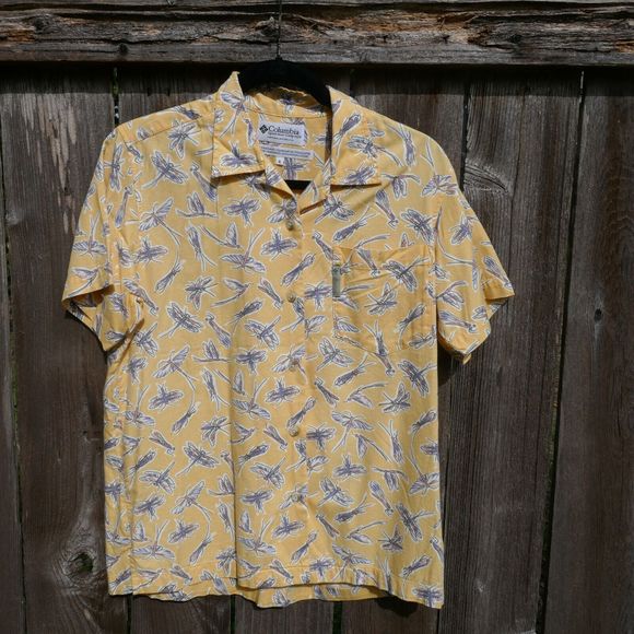 Columbia Dragonfly Button Down Shirt Short Sleeve Yellow Cotton Blend Small - Picture 2 of 11